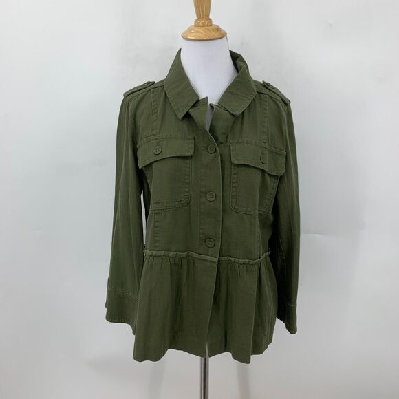 LOFT Ann Taylor Herringbone Jacket Womens M Medium Peplum Wide Sleeves Utility - Picture 2 of 12